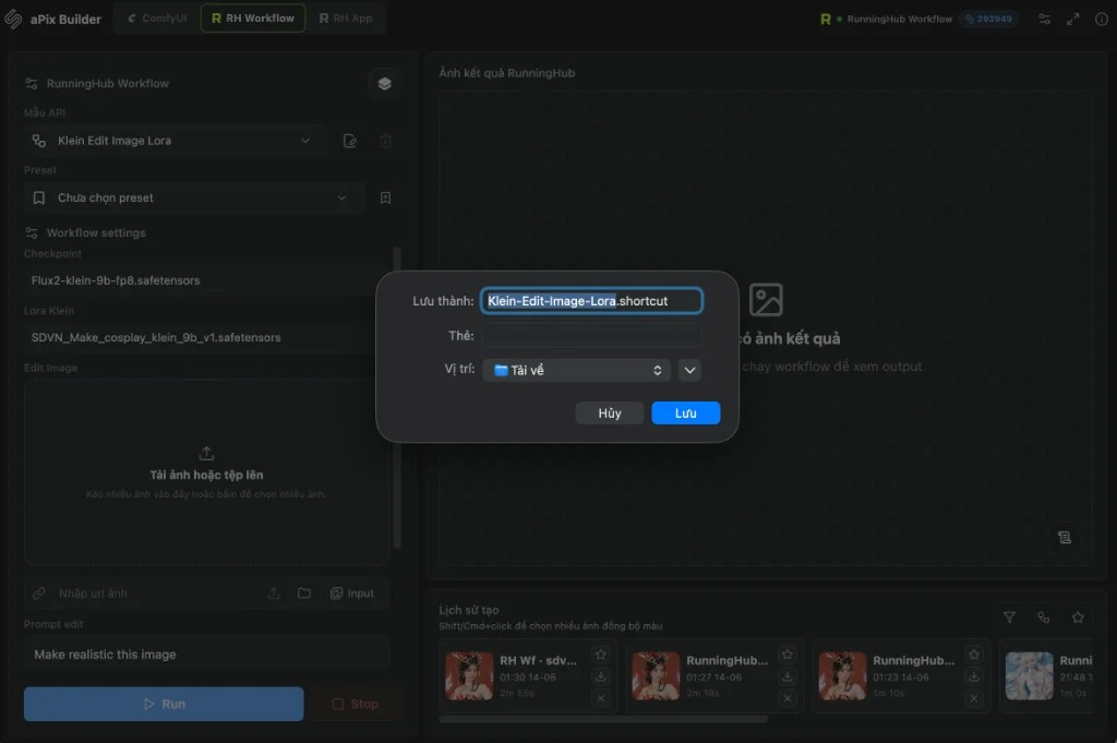 Export Apple Shortcut từ RunningHub Workflow