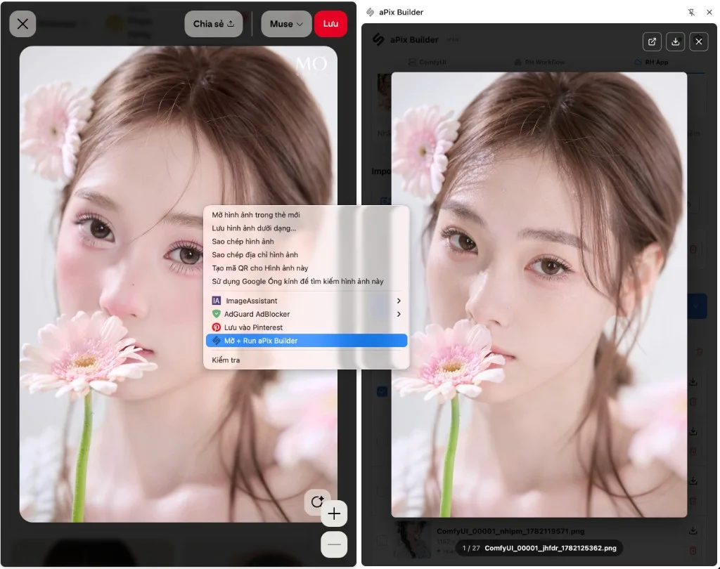 Extension Chrome aPix Builder — chuột phải ảnh trên web và chạy trong side panel